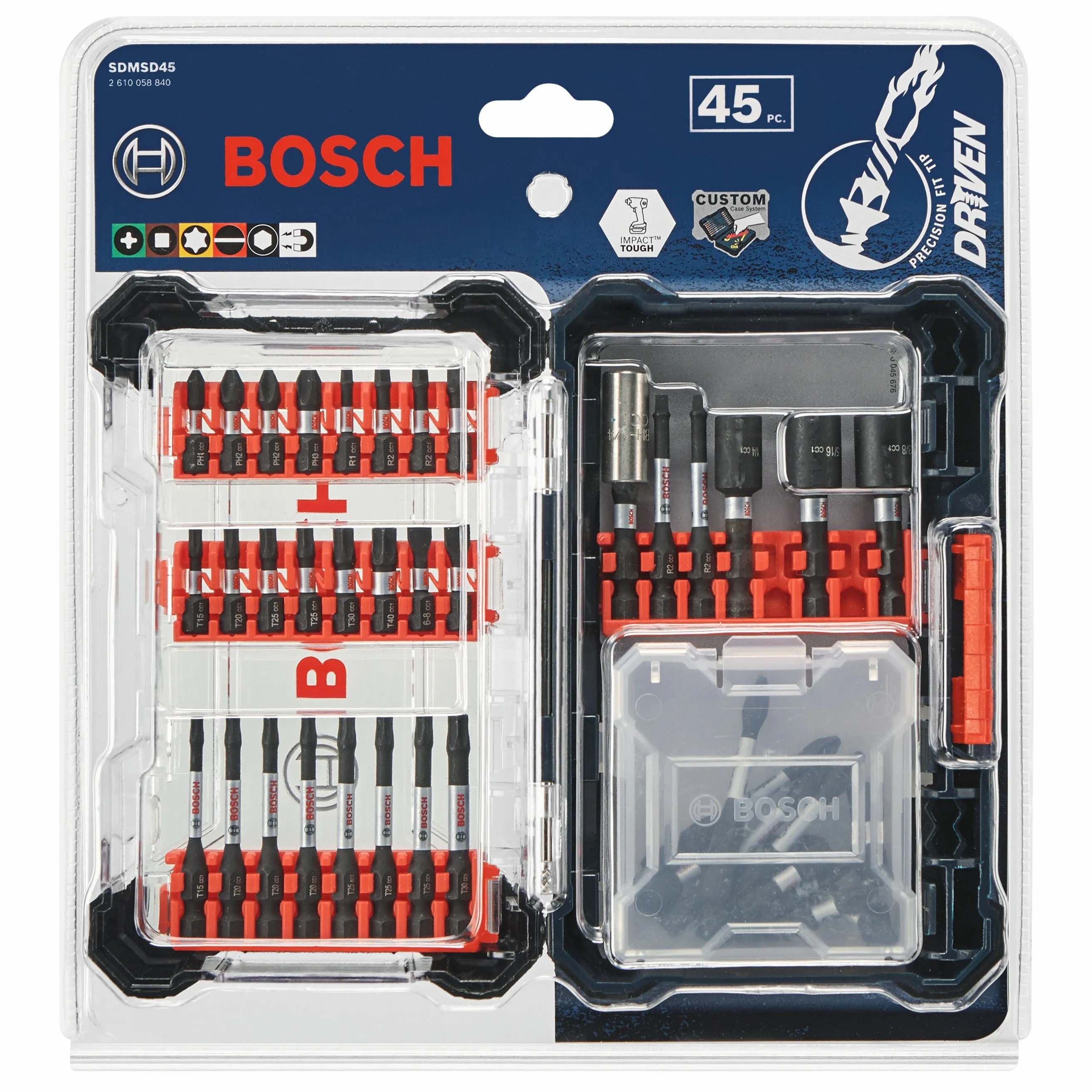 BOSCH SDMSD45 45 pc. Driven Impact Screwdriving Custom Case Set