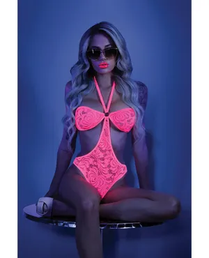 Glow Black Light Halter Bodysuit w/Open Sides Neon Pink