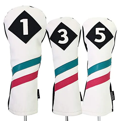 Majek Retro Golf Headcovers White Seafoam Teal Pink Stripe Vintage Leather Style