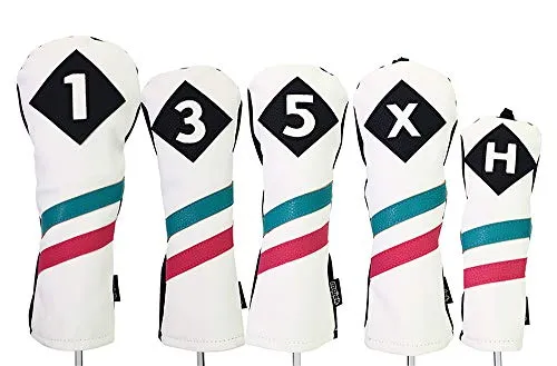 Majek Retro Golf Headcovers White Seafoam Teal Pink Stripe Vintage Leather Style