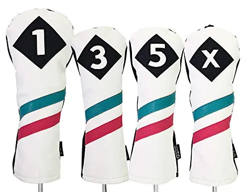 Majek Retro Golf Headcovers White Seafoam Teal Pink Stripe Vintage Leather Style