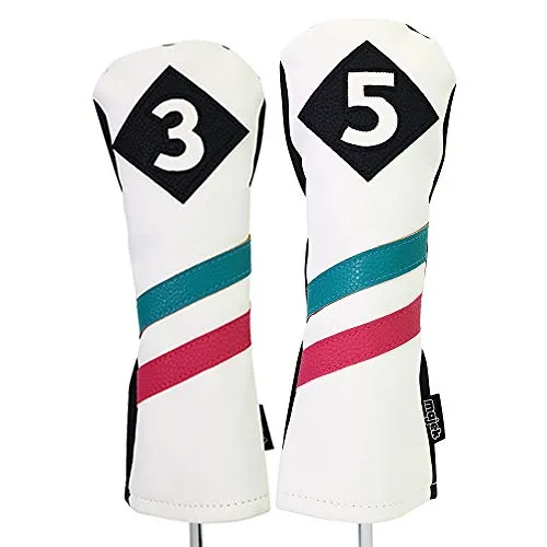 Majek Retro Golf Headcovers White Seafoam Teal Pink Stripe Vintage Leather Style