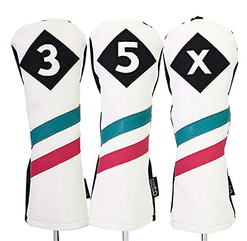 Majek Retro Golf Headcovers White Seafoam Teal Pink Stripe Vintage Leather Style