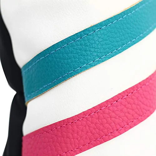 Majek Retro Golf Headcovers White Seafoam Teal Pink Stripe Vintage Leather Style