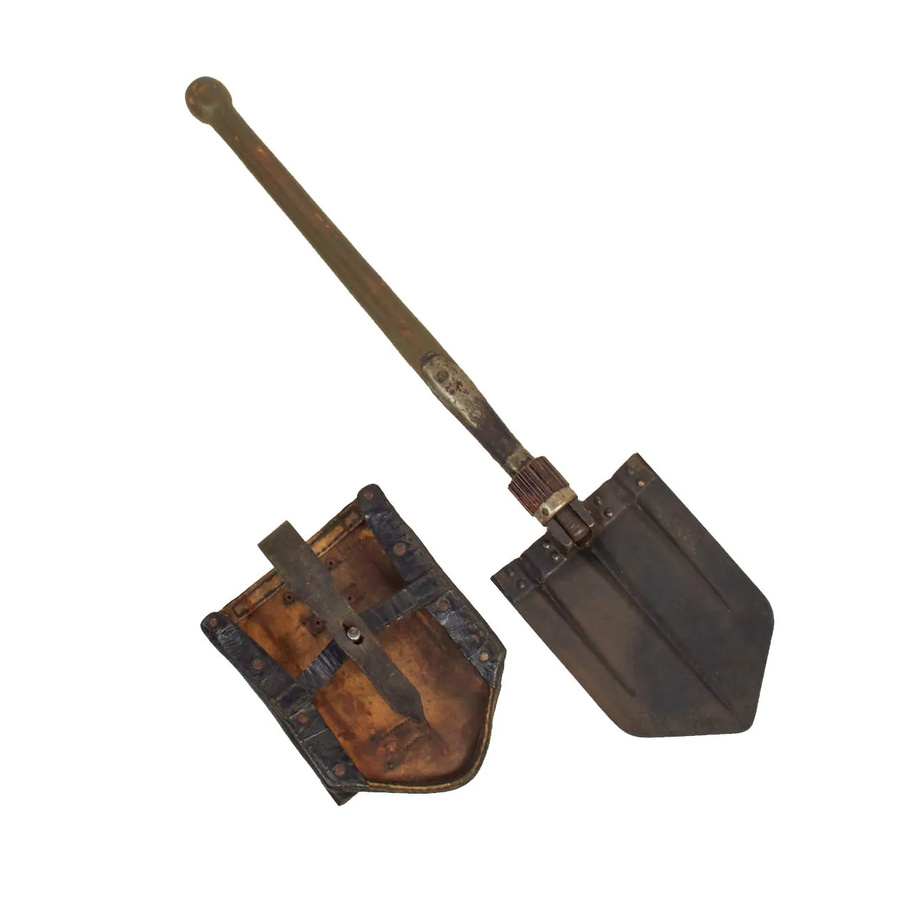 Original German WWII Folding Shovel Klappspaten by E. Luft, Eisen und Metallwarenfabrik with 1944 dated Leather Carrier