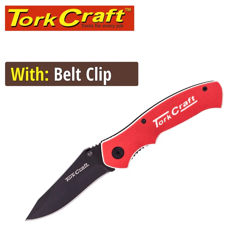 TORK CRAFT KNIFE FOLDABLE UTILITY RED WITH G10 MATERIAL HANDLE AND BELT CLIP KN004